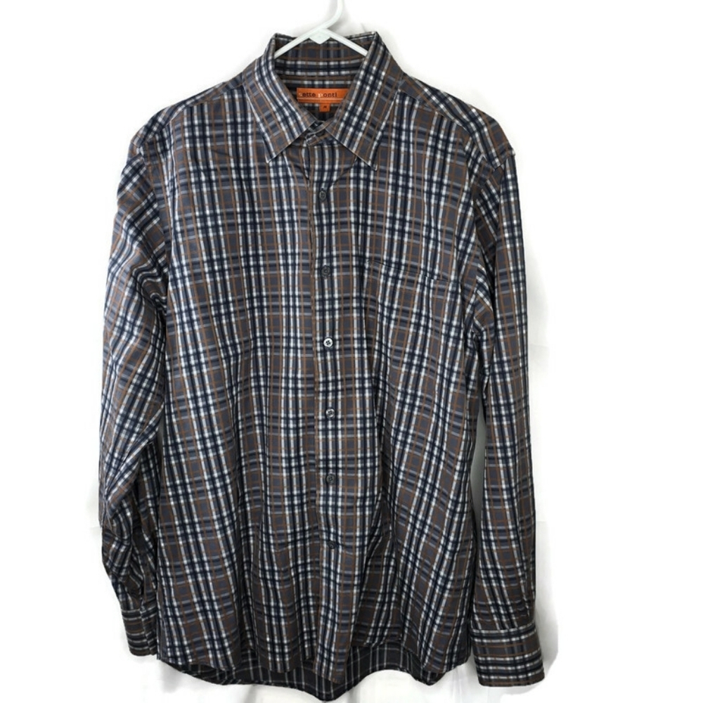 Men's Sette Ponti Button-down Cotton Shirt Gray Brown Plaid Size Medium